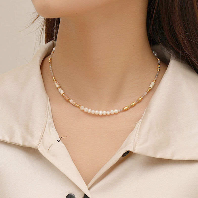 [金/METAL] Serenade Pearl and Stone Necklace · 流沙