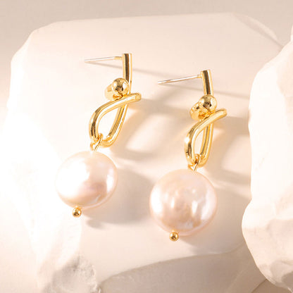 [金/METAL] Golden Wave Pearl Drop Earrings · 鮫人淚