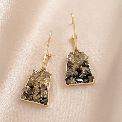 [水/WATER] Silver Needle Vintage Metal Natural Stone Trapezoid Earrings · 耀